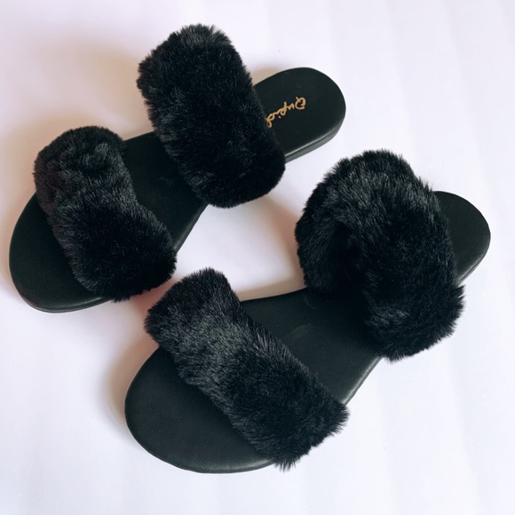 Black fuzzy fur slides slippers double band - Picture 7 of 11